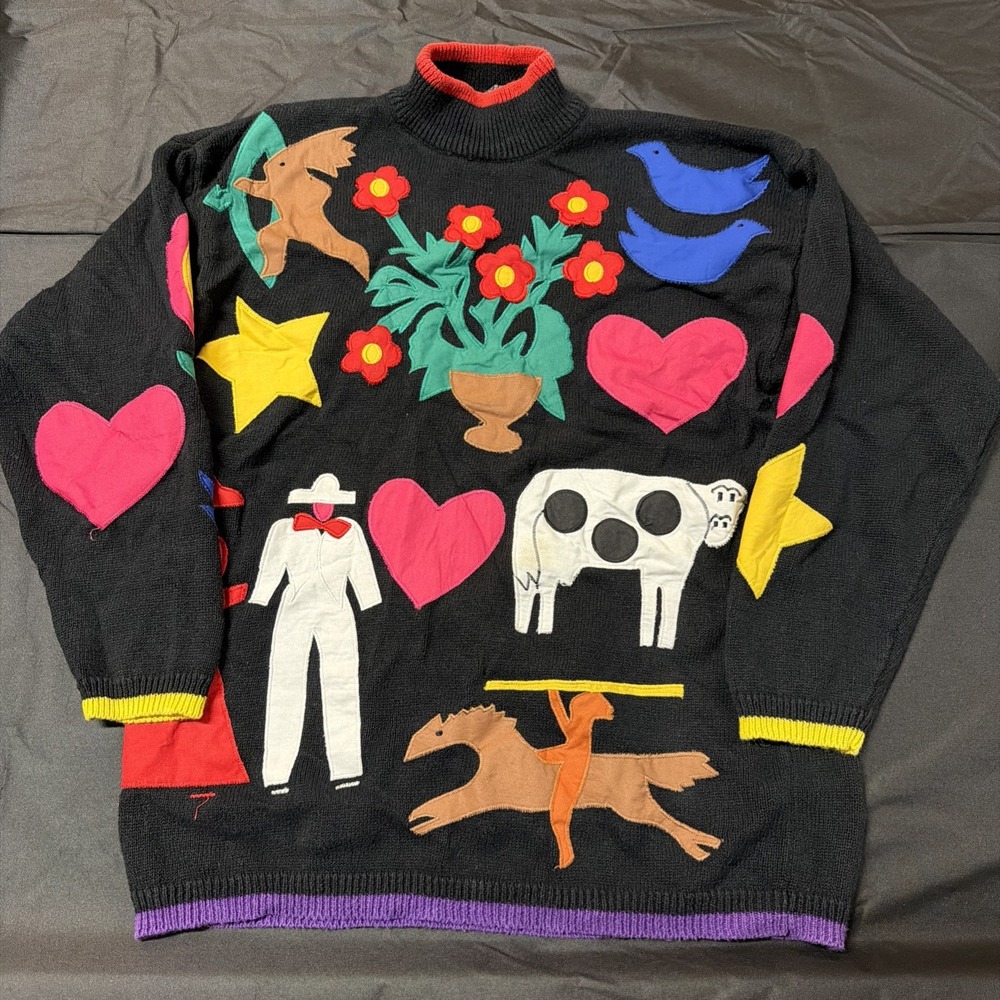 VTG 1990 Spree International Sweater Womens Sz Large abstract animals Cow